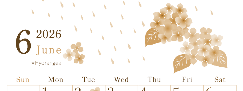 2026年6月縦型レトロな日曜始まり 梅雨の季節イラストのかわいいA4無料セピア調カレンダー(2026-00710610)