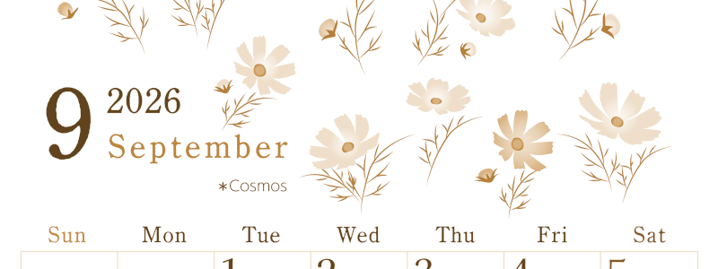 2026年9月縦型レトロな日曜始まり コスモスがかわいいイラストA4無料セピア調カレンダー(2026-00710910)