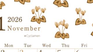 2026年11月縦型レトロな日曜始まり シクラメンがかわいいイラストA4無料セピア調カレンダー(2026-00711110)