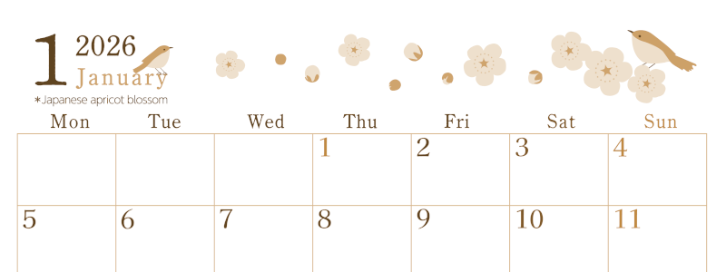 2026年1月横型レトロな月曜始まり うぐいすイラストのかわいいA4無料セピア調カレンダー(2026-00710101)