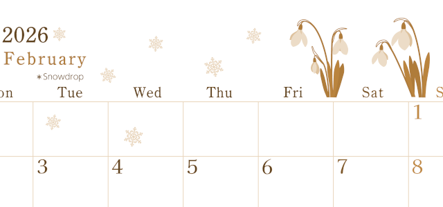 2026年2月横型レトロな月曜始まり 白い花がかわいいイラストA4無料セピア調カレンダー(2026-00710201)