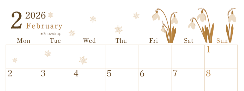 2026年2月横型レトロな月曜始まり 白い花がかわいいイラストA4無料セピア調カレンダー(2026-00710201)