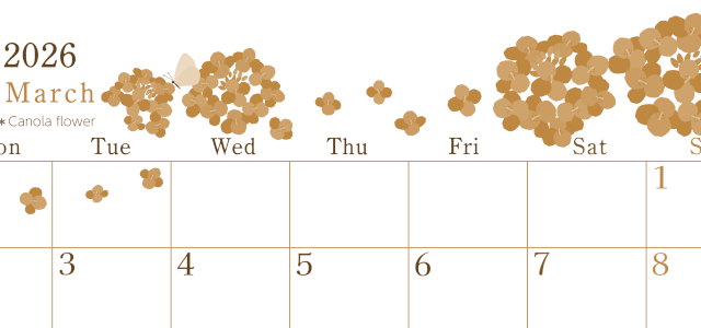 2026年3月横型レトロな月曜始まり 菜の花イラストのかわいいA4無料セピア調カレンダー(2026-00710301)