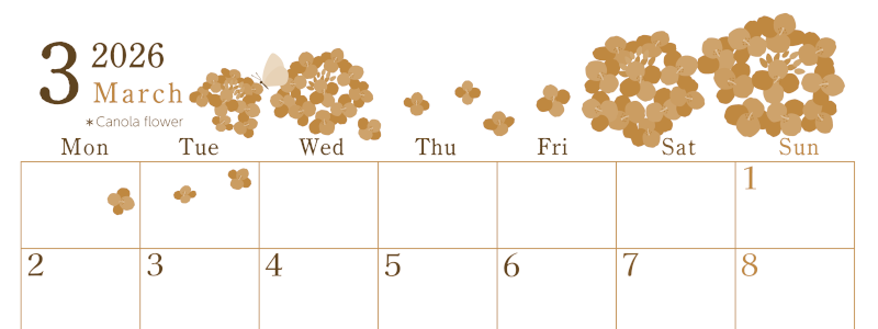 2026年3月横型レトロな月曜始まり 菜の花イラストのかわいいA4無料セピア調カレンダー(2026-00710301)