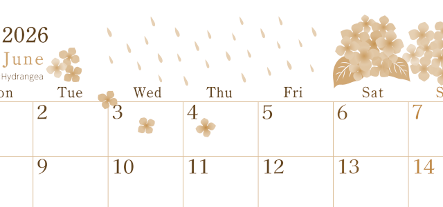 2026年6月横型レトロな月曜始まり 梅雨の季節イラストのかわいいA4無料セピア調カレンダー(2026-00710601)