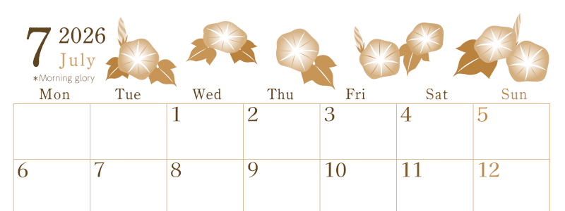 2026年7月横型レトロな月曜始まり 季節の花イラストのかわいいA4無料セピア調カレンダー(2026-00710701)