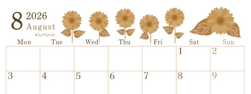 2026年8月横型レトロな月曜始まり 夏の花のイラストがかわいいA4無料セピア調カレンダー(2026-00710801)