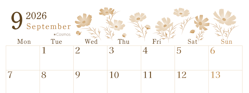 2026年9月横型レトロな月曜始まり コスモスがかわいいイラストA4無料セピア調カレンダー(2026-00710901)