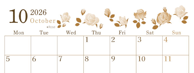 2026年10月横型レトロな月曜始まり ローズがかわいいイラストA4無料セピア調カレンダー(2026-00711001)