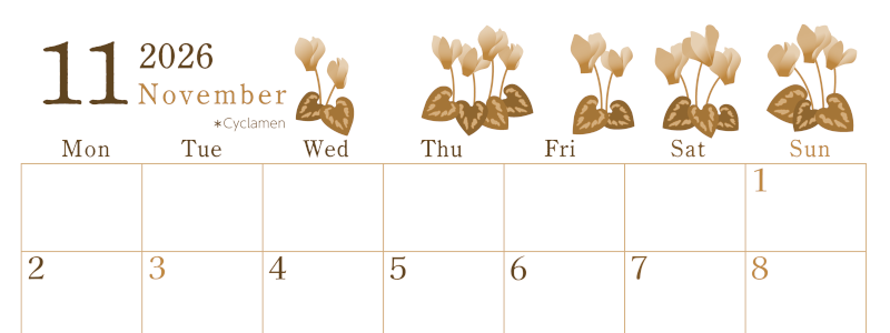 2026年11月横型レトロな月曜始まり シクラメンがかわいいイラストA4無料セピア調カレンダー(2026-00711101)