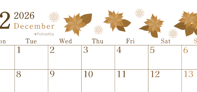 2026年12月横型レトロな月曜始まり ポインセチアがかわいいイラストA4無料セピア調カレンダー(2026-00711201)