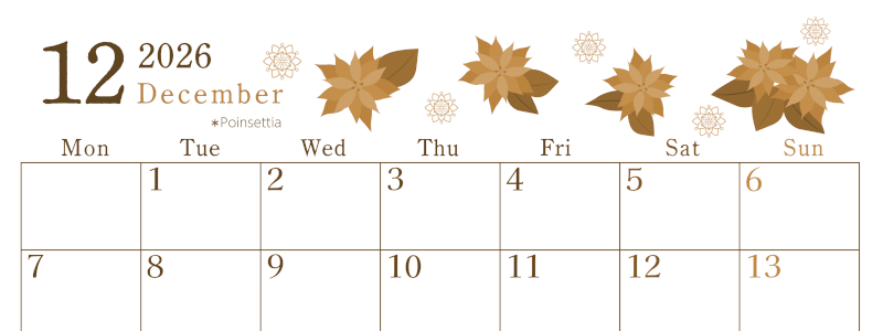 2026年12月横型レトロな月曜始まり ポインセチアがかわいいイラストA4無料セピア調カレンダー(2026-00711201)