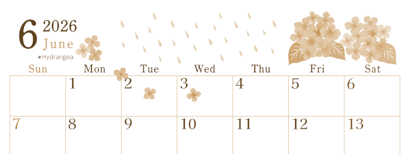 2026年6月横型レトロな日曜始まり 梅雨の季節イラストのかわいいA4無料セピア調カレンダー(2026-00710600)