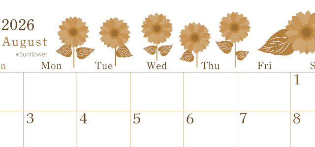 2026年8月横型レトロな日曜始まり 夏の花のイラストがかわいいA4無料セピア調カレンダー(2026-00710800)