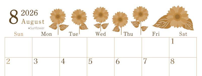 2026年8月横型レトロな日曜始まり 夏の花のイラストがかわいいA4無料セピア調カレンダー(2026-00710800)