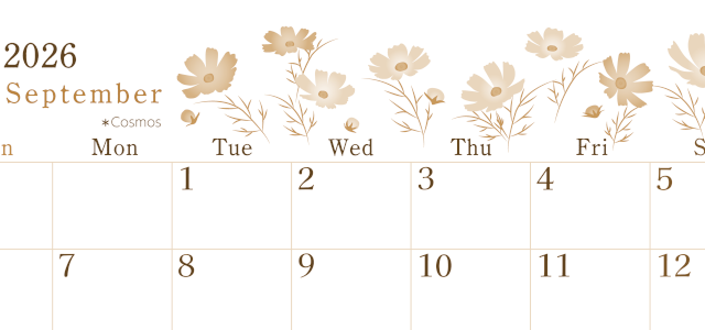 2026年9月横型レトロな日曜始まり コスモスがかわいいイラストA4無料セピア調カレンダー(2026-00710900)