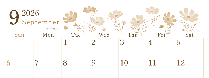 2026年9月横型レトロな日曜始まり コスモスがかわいいイラストA4無料セピア調カレンダー(2026-00710900)