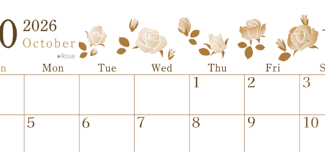 2026年10月横型レトロな日曜始まり ローズがかわいいイラストA4無料セピア調カレンダー(2026-00711000)