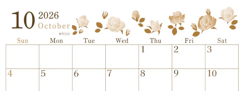 2026年10月横型レトロな日曜始まり ローズがかわいいイラストA4無料セピア調カレンダー(2026-00711000)