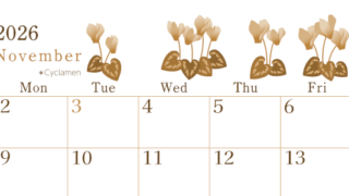 2026年11月横型レトロな日曜始まり シクラメンがかわいいイラストA4無料セピア調カレンダー(2026-00711100)