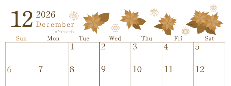 2026年12月横型レトロな日曜始まり ポインセチアがかわいいイラストA4無料セピア調カレンダー(2026-00711200)
