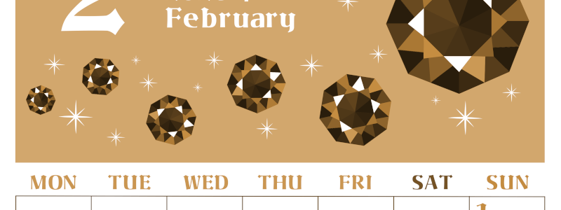 2026年2月縦型レトロな月曜始まり 誕生石のイラストがおしゃれなA4無料セピア調カレンダー(2026-00720211)