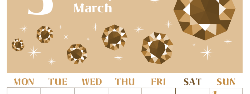 2026年3月縦型レトロな月曜始まり 誕生石のイラストがおしゃれなA4無料セピア調カレンダー(2026-00720311)