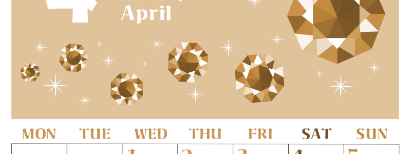 2026年4月縦型レトロな月曜始まり 誕生石のイラストがおしゃれなA4無料セピア調カレンダー(2026-00720411)