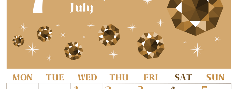 2026年7月縦型レトロな月曜始まり 誕生石のイラストがおしゃれなA4無料セピア調カレンダー(2026-00720711)