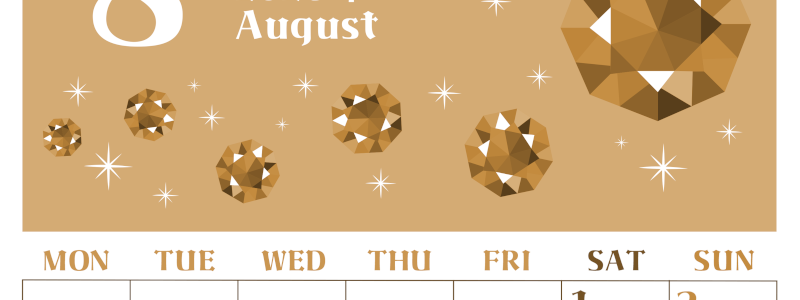 2026年8月縦型レトロな月曜始まり 誕生石のイラストがおしゃれなA4無料セピア調カレンダー(2026-00720811)