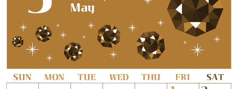 2026年5月縦型レトロな日曜始まり 誕生石のイラストがおしゃれなA4無料セピア調カレンダー(2026-00720510)