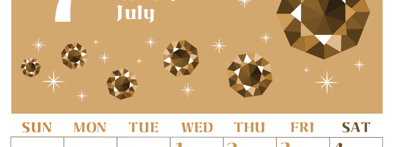 2026年7月縦型レトロな日曜始まり 誕生石のイラストがおしゃれなA4無料セピア調カレンダー(2026-00720710)