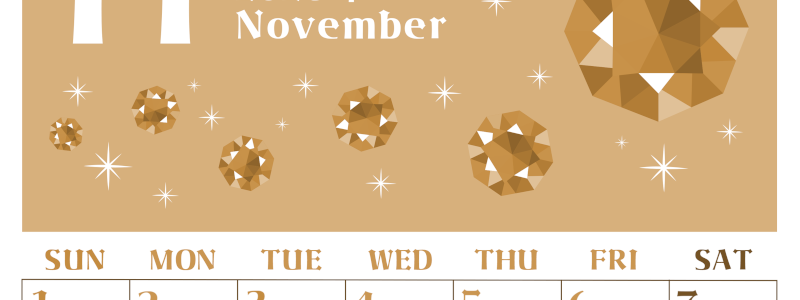 2026年11月縦型レトロな日曜始まり 誕生石のイラストがおしゃれなA4無料セピア調カレンダー(2026-00721110)