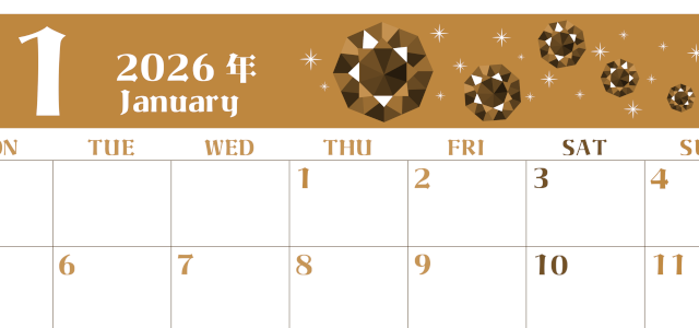 2026年1月横型レトロな月曜始まり 宝石ルビーイラストのおしゃれA4無料セピア調カレンダー(2026-00720101)