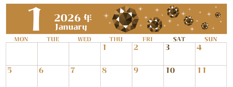 2026年1月横型レトロな月曜始まり 宝石ルビーイラストのおしゃれA4無料セピア調カレンダー(2026-00720101)