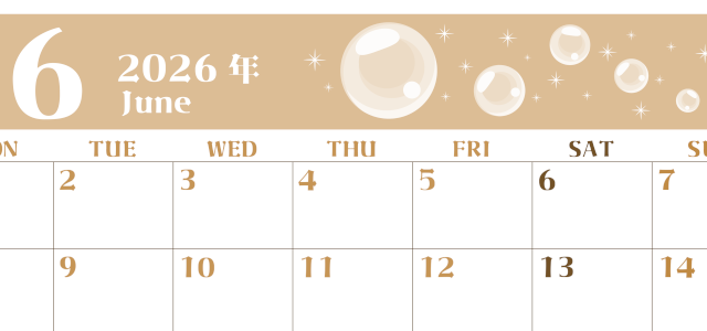 2026年6月横型レトロな月曜始まり 誕生石のイラストがおしゃれなA4無料セピア調カレンダー(2026-00720601)