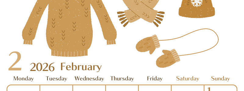 2026年2月縦型レトロな月曜始まり イラストのおしゃれA4無料セピア調カレンダー(2026-00730211)