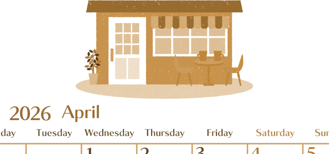 2026年4月縦型レトロな月曜始まり 新生活イラストのおしゃれA4無料セピア調カレンダー(2026-00730411)