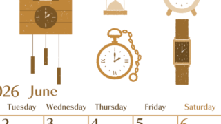 2026年6月縦型レトロな月曜始まり 時計イラストのおしゃれA4無料セピア調カレンダー(2026-00730611)