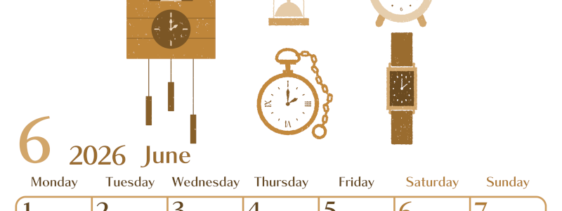 2026年6月縦型レトロな月曜始まり 時計イラストのおしゃれA4無料セピア調カレンダー(2026-00730611)