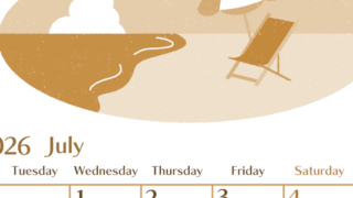 2026年7月縦型レトロな月曜始まり  バカンスイラストのおしゃれA4無料セピア調カレンダー(2026-00730711)