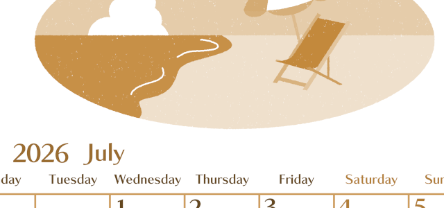 2026年7月縦型レトロな月曜始まり  バカンスイラストのおしゃれA4無料セピア調カレンダー(2026-00730711)
