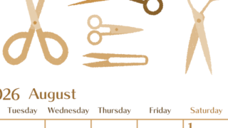 2026年8月縦型レトロな月曜始まり ハサミイラストのおしゃれA4無料セピア調カレンダー(2026-00730811)