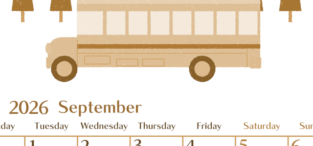 2026年9月縦型レトロな月曜始まり バスイラストのおしゃれA4無料セピア調カレンダー(2026-00730911)