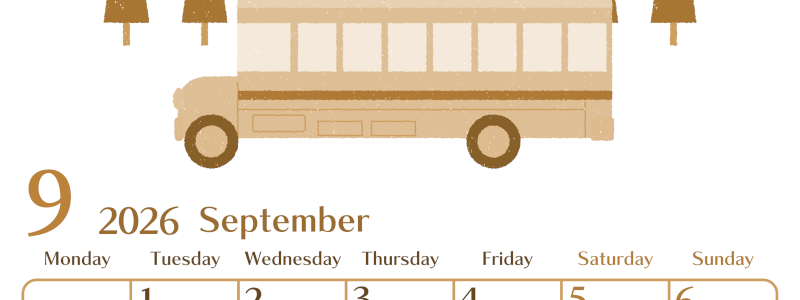 2026年9月縦型レトロな月曜始まり バスイラストのおしゃれA4無料セピア調カレンダー(2026-00730911)