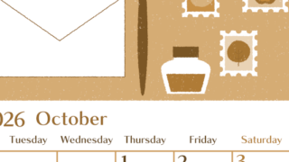 2026年10月縦型レトロな月曜始まり 手紙イラストのおしゃれA4無料セピア調カレンダー(2026-00731011)