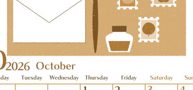 2026年10月縦型レトロな月曜始まり 手紙イラストのおしゃれA4無料セピア調カレンダー(2026-00731011)