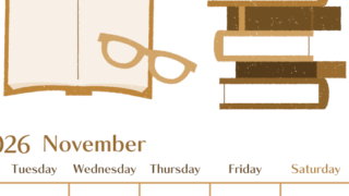 2026年11月縦型レトロな月曜始まり 読書イラストのおしゃれA4無料セピア調カレンダー(2026-00731111)