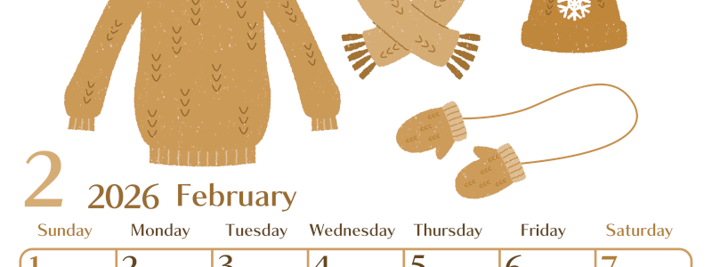 2026年2月縦型レトロな日曜始まり イラストのおしゃれA4無料セピア調カレンダー(2026-00730210)