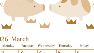 2026年3月縦型レトロな日曜始まり 子豚イラストのおしゃれA4無料セピア調カレンダー(2026-00730310)